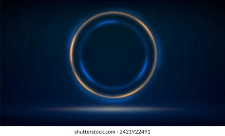 Stage with golden blue circular lighting background. Shining light ring. Glowing gold circle. Stage backdrop. Background for displaying products. Glittering golden particles. Vector illustration