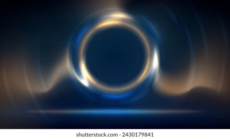 Stage with golden blue circular lighting background. Shining light ring. Glowing gold circle. Stage backdrop. Background for displaying products. Glittering golden particles. Vector illustration