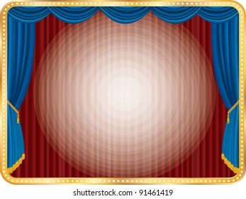 palco com quadro dourado e projetores radiais