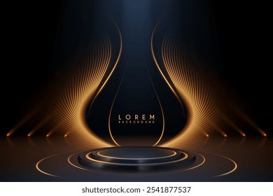 Stage with golden light effects on black background