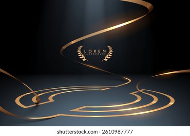 Stage with golden ribbon and light effect on black background