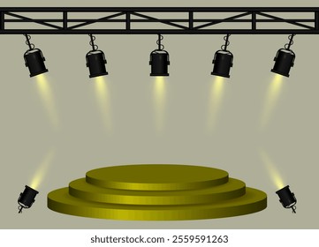 Stage golden spotlight. Elevated circular platform, black stage lights emitting beams, metal truss structure, performance setup, event lighting, presentation space, theatrical equipment