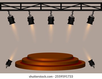 Stage golden spotlight. Elevated circular platform, black stage lights emitting beams, metal truss structure, performance setup, event lighting, presentation space, theatrical equipment