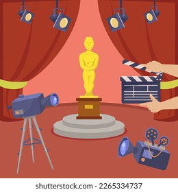 Escenario con estatuilla dorada e ilustración vectorial de cámaras. Dibujo de dibujos animados del trofeo del festival de cine, cortinas rojas, manos sosteniendo cartón, cámaras profesionales. Cine, concepto de entretenimiento