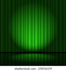 Stage with green curtain and spotlight great, heart-shaped