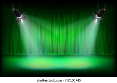 The stage with green curtain. Vector illustration.