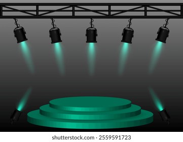 Stage green spotlight. Elevated circular platform, black stage lights emitting beams, metal truss structure, performance setup, event lighting, presentation space, theatrical equipment