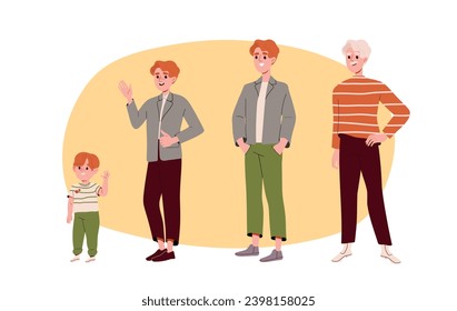 Etapa del concepto de crecimiento. Hombres de diferentes edades. Generaciones. Niños, adolescentes, adultos y ancianos. Proceso de envejecimiento. Dibujo vectorial plano de dibujos animados aislado en fondo blanco
