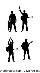 Bühne Gitarrist spielen Gitarre und Interaktion mit Publikum Silhouette. Performance Kunst und Konzert Musiker Aktivität Konzept Vektor