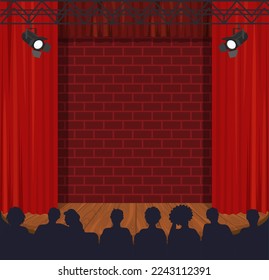 Stage hall, theater scene with red curtain and spotlight vector illustration. Audience sitting on seats waiting for performance presentation or show concert