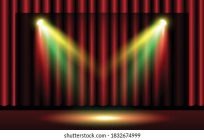 The stage has a red curtain and three color spotlights. Circus or cinema poster background with space for text, vector illustration