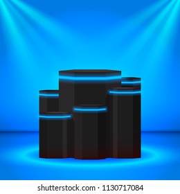 Stage hexagonal digital black podium with neon ring and lighting. Stage Podium Scene with for Award Ceremony on blue Background. Vector illustration