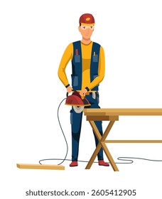 Stage house building with worker. New construction, engineering on site. Work process with house on construction site. Vector cartoon illustration