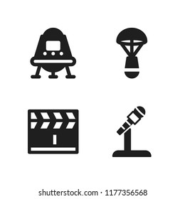 stage icon. 4 stage vector icons set. microphone, clapperboard and space capsule icons for web and design about stage theme