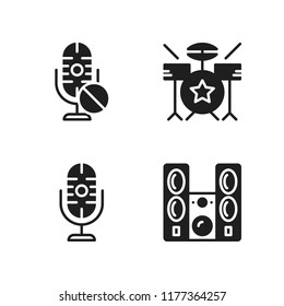 stage icon. 4 stage vector icons set. drum set, sound system and microphone icons for web and design about stage theme