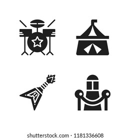 stage icon. 4 stage vector icons set. drum set, circus and premiere icons for web and design about stage theme