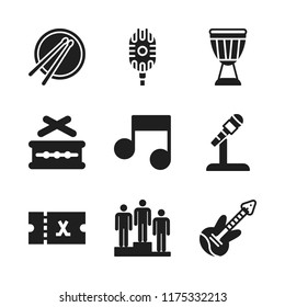 stage icon. 9 stage vector icons set. drum, microphone and ticket icons for web and design about stage theme