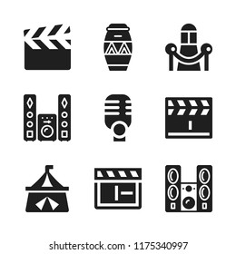 Stage Icon. 9 Stage Vector Icons Set. Sound System, Drum And Circus Icons For Web And Design About Stage Theme