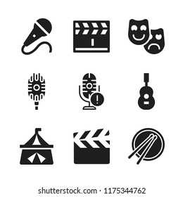 stage icon. 9 stage vector icons set. drum, microphone and circus icons for web and design about stage theme