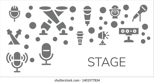 stage icon set. 11 filled stage icons.  Collection Of - Microphone, Spotlight