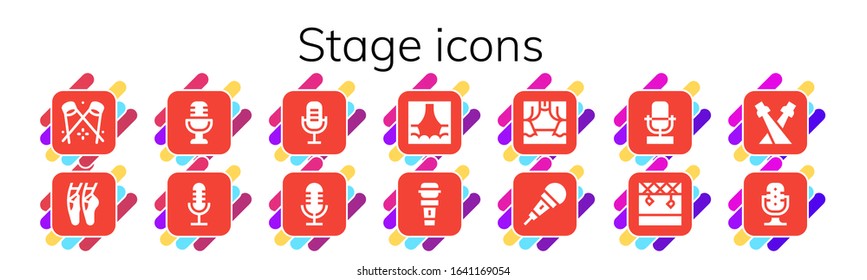 stage icon set. 14 filled stage icons. Included Spotlight, Ballet, Microphone, Stage, Scene icons