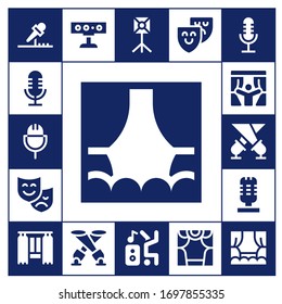 Stage Icon Set. 17 gefüllte Bühnensymbole.  Einfache, moderne Symbole wie: Mikrofon, Bühne, Theater, Vorhänge, Spotlight, Vorhang, Tänzer, Theater
