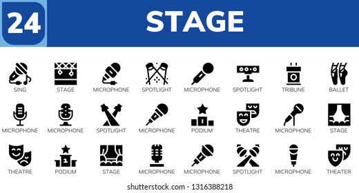 stage icon set. 24 filled stage icons.  Simple modern icons about  - Sing, Stage, Microphone, Spotlight, Tribune, Ballet, Podium, Theatre, Theater