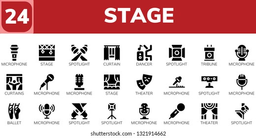 stage icon set. 24 filled stage icons.  Simple modern icons about  - Microphone, Stage, Spotlight, Curtain, Dancer, Tribune, Curtains, Theater, Ballet