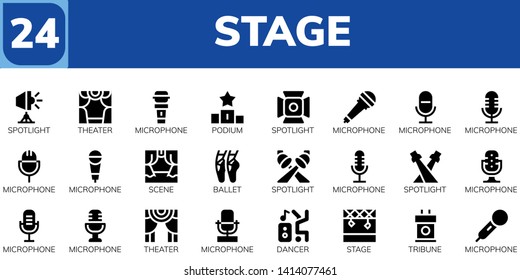 stage icon set. 24 filled stage icons.  Collection Of - Spotlight, Theater, Microphone, Podium, Scene, Ballet, Dancer, Stage, Tribune