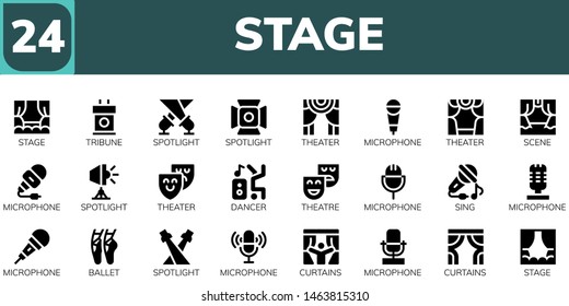 stage icon set. 24 filled stage icons.  Collection Of - Stage, Tribune, Spotlight, Theater, Microphone, Scene, Dancer, Theatre, Sing, Ballet, Curtains