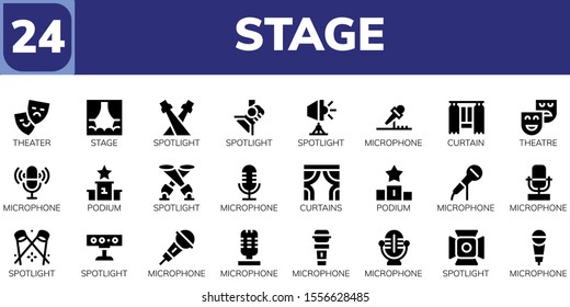 stage icon set. 24 filled stage icons.  Collection Of - Theater, Stage, Spotlight, Microphone, Curtain, Theatre, Podium, Curtains icons