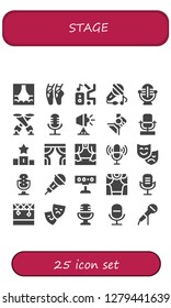  stage icon set. 25 filled stage icons. Simple modern icons about  - Stage, Ballet, Dancer, Sing, Microphone, Spotlight, Podium, Curtains, Scene, Theatre, Theater