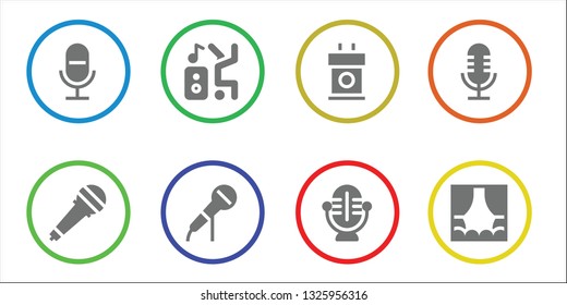 stage icon set. 8 filled stage icons.  Collection Of - Microphone, Dancer, Tribune, Stage