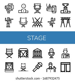 stage icon set. Collection of Spotlight, Bollywood, Podium, Directors chair, Director chair, Stage, Ballet, Theatre, Microphone, Singer, Actor, Curtain icons