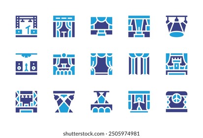 Stage icon set. Duotone color. Vector illustration. Containing stage, spotlights, curtain, puppetshow, lightingdesign, festival, theater.