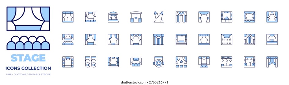 Stage icons collection. Line Duotone style, editable stroke. theater, stagelights, stage, theatre, curtains, stagelight, spotlight, scene.