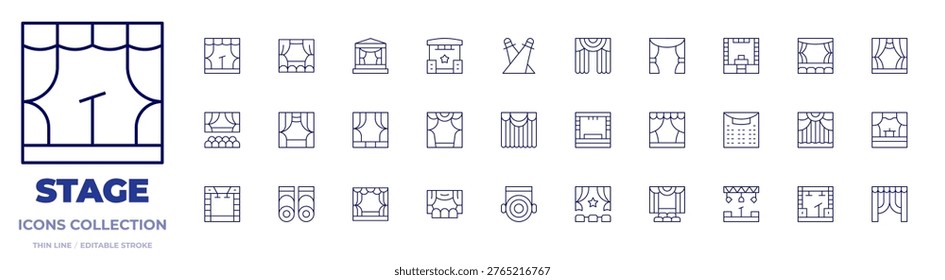 Stage icons collection. Thin Line icons, editable stroke. theater, stagelights, stage, theatre, curtains, stagelight, spotlight, scene.