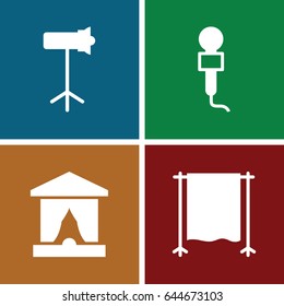 Stage icons set. set of 4 stage filled icons such as microphone, studio lapm, studio curtain