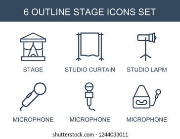 stage icons. Set of 6 outline stage icons included studio curtain, studio lapm, microphone on white background. Editable stage icons for web, mobile and infographics.
