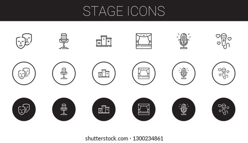 stage icons set. Collection of stage with comedy, microphone, podium. Editable and scalable stage icons.