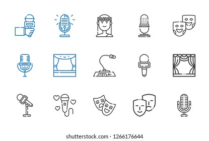 stage icons set. Collection of stage with microphone, comedy, theatre, theater masks, muse. Editable and scalable stage icons.