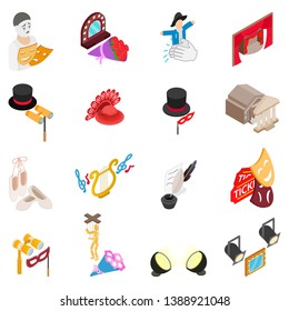 Stage icons set. Isometric set of 16 stage vector icons for web isolated on white background