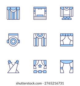 Stage icons set. Line Duotone style, editable stroke. theatre, stage, theater, stagelight, spotlight, scene.