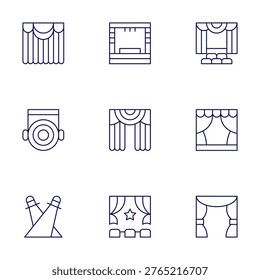 Stage icons set. Thin Line style, editable stroke. theatre, stage, theater, stagelight, spotlight, scene.