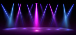 Stage Illuminated By Blue And Pink Spotlights. Empty Scene With Spots Of Light On Floor. Vector Realistic Illustration Of Studio, Theater Or Club Interior With Color Beams Of Lamps