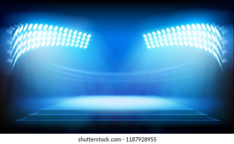 Stage illuminated by floodlights. Vector illustration.