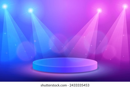 Escenario iluminado por focos rojos y azules