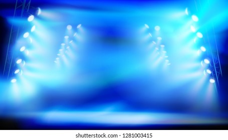 Stage illuminated by spotlights during the show on big stadium. Vector illustration.
