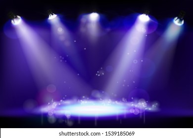 Stage illuminated by spotlights during the concert. Show light. Place for the exhibition. Abstract background. Vector illustration.