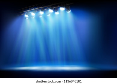 Stage illuminated by spotlights. Empty place for exposition. Vector illustration.